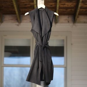 Zara Suede Effect Long Vest in Black with Belt